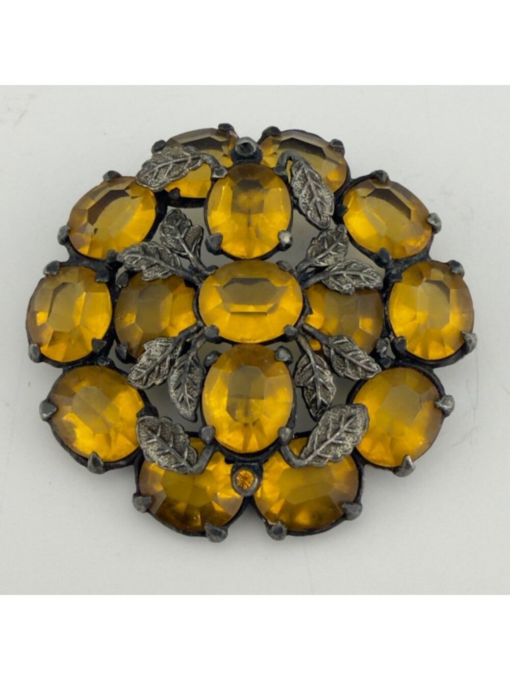 Vintage Czech Glass Brooch Art Nouveau Large Jeweled Openback Yellow